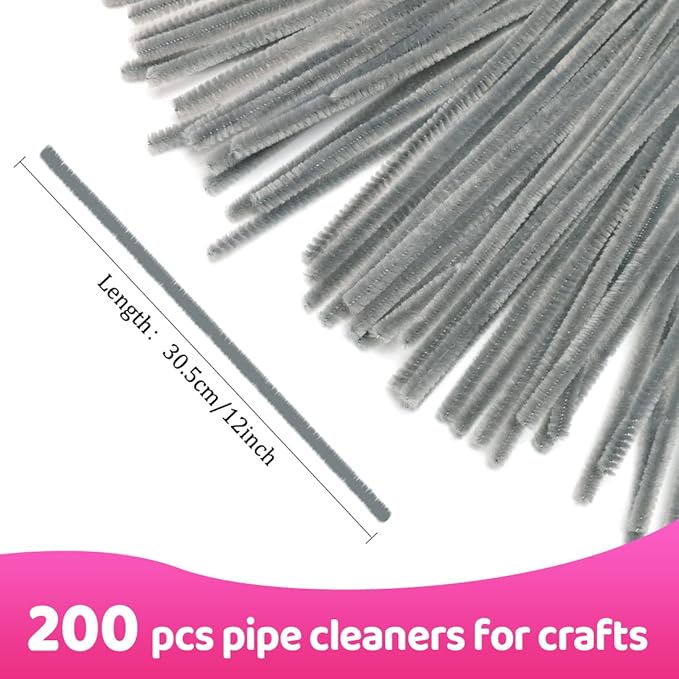 Praisebank Gray Pipe Cleaners for Crafts, 200pcs, Chenille Stems for DIY Projecets, Arts & Crafts Supplies for Festival Party Decorations