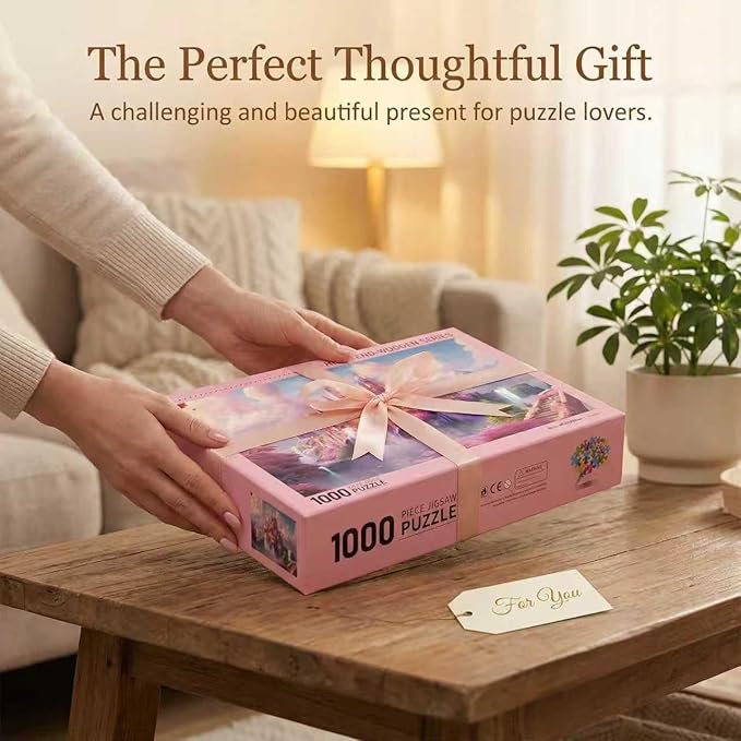 Dreamy Pink Castle Fantasy Art Puzzle 1000 Pieces with Letters on Back Only, Cherry Blossom Waterfall Scenery Jigsaw Puzzles for Adults, Includes Poster & Storage Bag, 29.5x19.7in