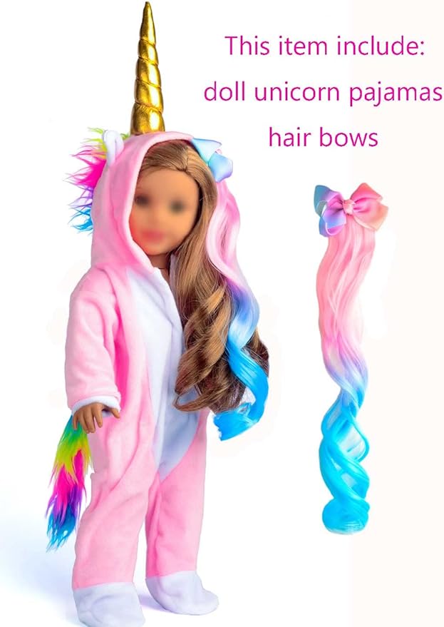 18 Inch Doll Clothes Unicorn Onesie Pajamas Rainbow Color Hair Bow Clips Costume Fits 18 Inch Doll (Doll Not Included)