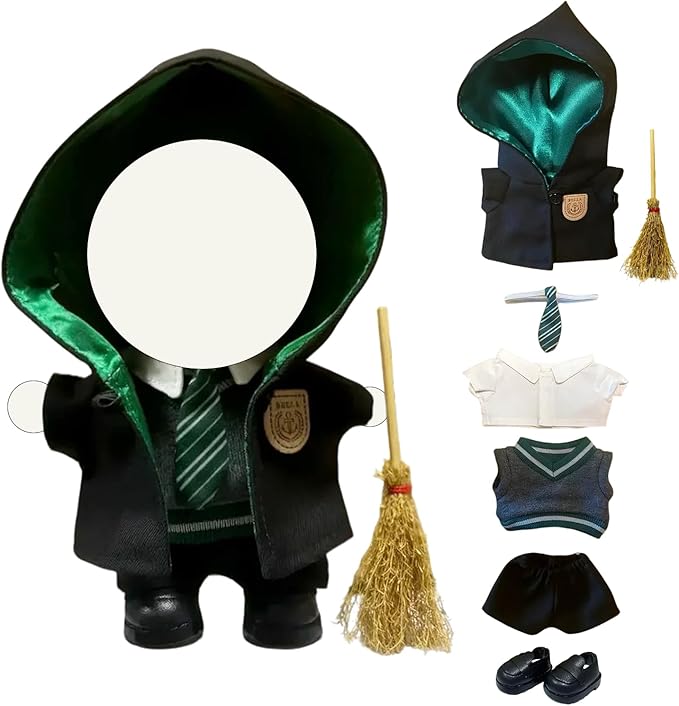 7-Piece Wizard Doll Clothes Set for 17cm Dolls – Fits The Monsters Exciting Macaron Series – Fantasy Outfit with Hooded Cloak, Shirt, Pants, Sweater, Tie, Shoes & Magic Broom – Doll Accessories Only