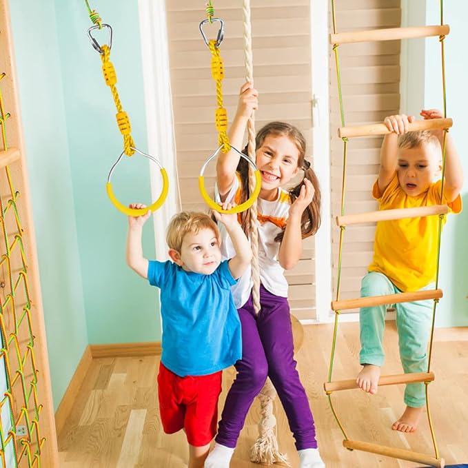 Swing Ninja Ring Indoor Outdoor Backyard PlaySet Fitness Gymnastic Training Equipment, 4 Pack Yellow Hanging Jungle Gym Fist Trapeze Monkey Bars Climbing Ring Ninja Warrior Obstacle Course Attachments
