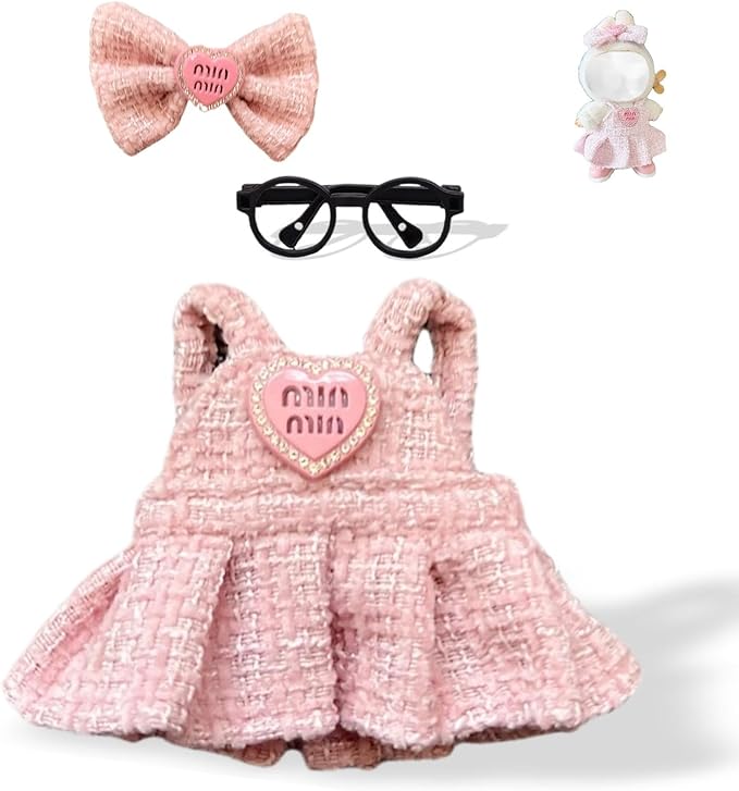 Doll Clothing for Labubu, Premium Outfits for Labubu Dressing up, Doll Accessories for Labubu with Dress, Glasses(Pink)