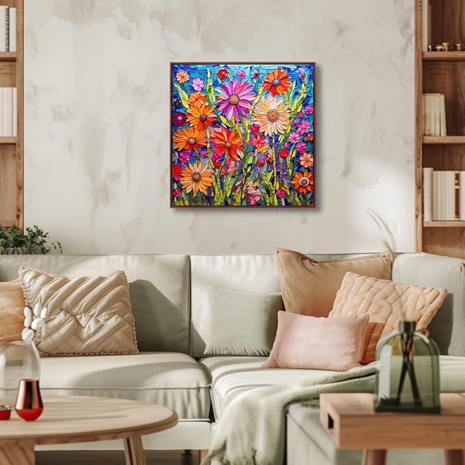 Bgraamiens-Mosaic Art Flowers-1000 Pieces Puzzle for Adults, Stained Glass Jigsaw with Flowers, Impossible Puzzle Color Challenge Hard Puzzles for Adults