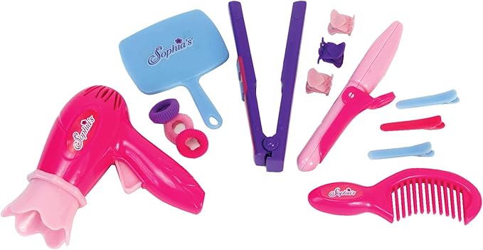 Sophia's Hair Salon Complete 30 Piece Set with Styling Tools, Hair Ties, Brush, Mirror, Blow Dryer, Salon Cape and More for 18" Dolls, Pink/Purple