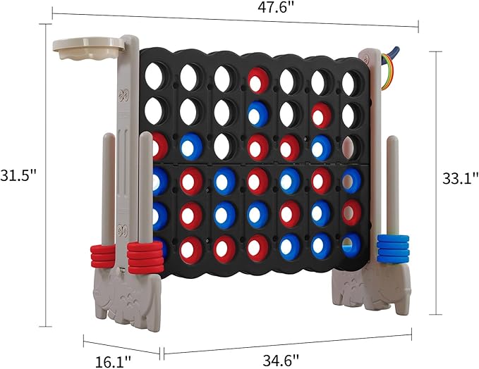UNICOO Giant 4-in-a-Row Game with Carry Bag, 3-in-1 Jumbo 4-to-Score Outdoor Yard Game with Basketball Hoop, Ring Toss, Quick-Release Slider, 42 Rings, Family Party Game for Kids & Adults