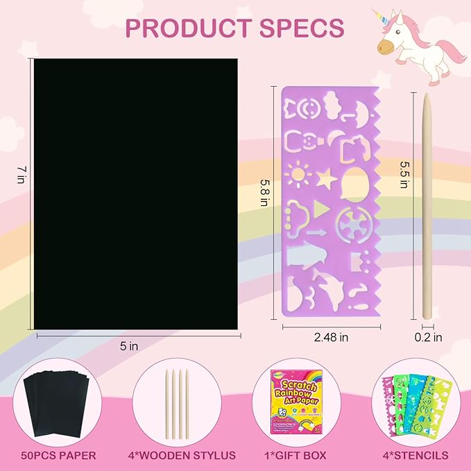 Rainbow Scratch Paper Art for Kids: 50PCS Magic Arts Crafts Gifts Toys for Girls Boys Ages 3-12 Games Activities for Birthday Party Family Day Classroom Prizes Easter Basket Stuffers(Girls)