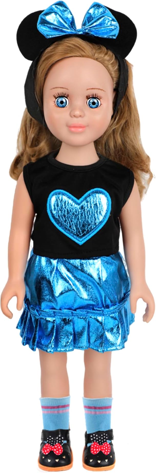 MSYO 18 Inch Doll Pretend Play Set-9 Pcs Party Dress Up Collection with Polka Dot Dress,Bow Headband,Pearl Accent Necklace,Shoes & Glasses for 18 Dolls(Blue)