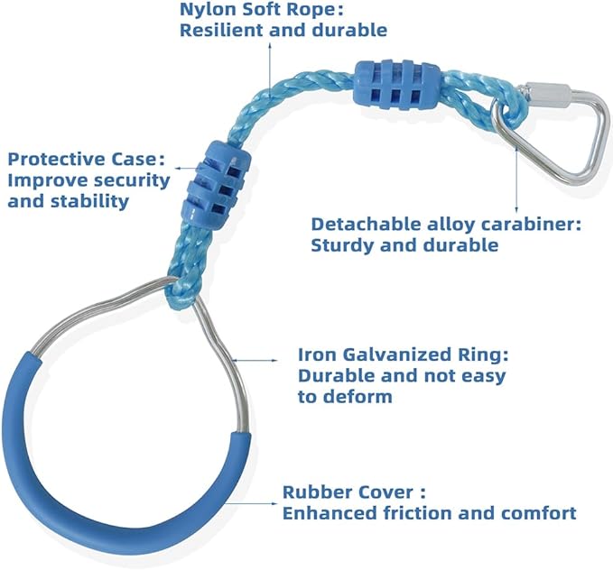 American Ninja Warrior Obstacle Course Playset Ninja Ring Fist Swing Monkey Bars For Outdoor Indoor Jungle Gym, 2 Blue Hanging Climbing Rings Backyard Playground Training Equipment Fitness Ring