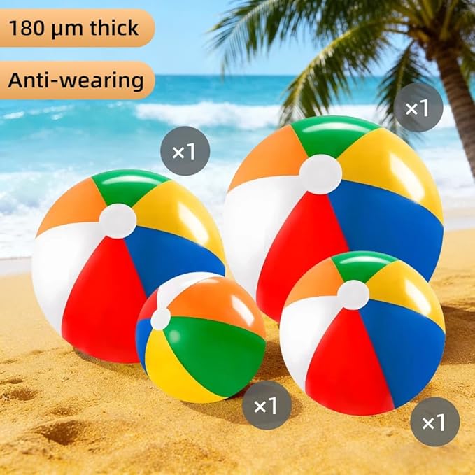 Laoha Rainbow Inflatable Beach Balls Set of 4 - Assorted Sizes 8, 12, 16, 24 Inch for Pool, Beach & Outdoor Games - Colorful Blow Up Balloons for Summer Party Decor and Water Fun