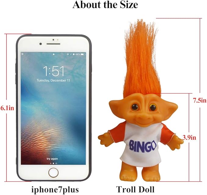 Vintage Troll Dolls,Retro Troll Doll Chromatic Adorable for Collections, School Project, Arts and Crafts, Party Favors - 7.5" Tall(Include The Length of Hair) (Orange)