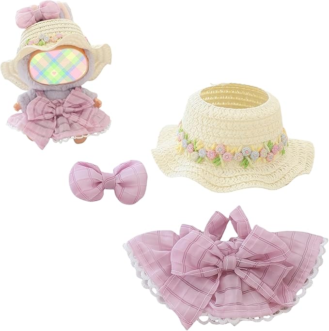Clothes for Lu bubu 17cm Dolls Accessories (No Doll), Kawaii Hat Skirt Outfit Set 3 Pieces for 17cm Dolls Suit, Stylish Flower Doll Hat Clothing Set Replacement Purple