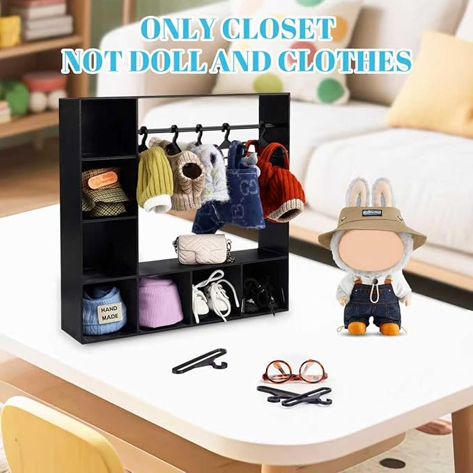 Doll Clothes Closet/Wardrobe Large Plus 10 Hangers, Doll Accessories Display Box, Clothes Storage for Figures, Portable Storage for Fashion Doll Clothes, Gift (Black)