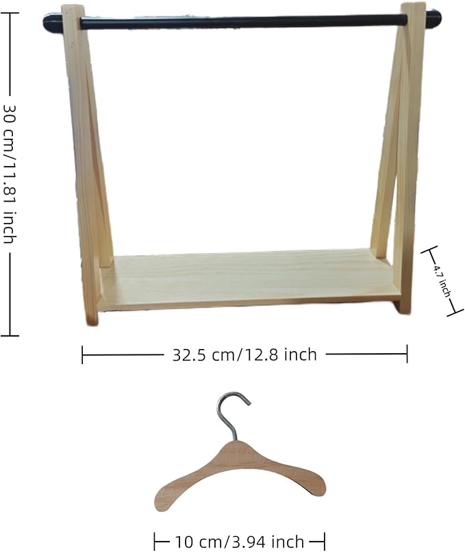 Wooden Doll Clothes Rack with 10 Mini Hangers & Storage Shelf - Portable Wardrobe Closet for 6-16 inch Mini Dolls Accessories,Clothes,Shoes,Bags