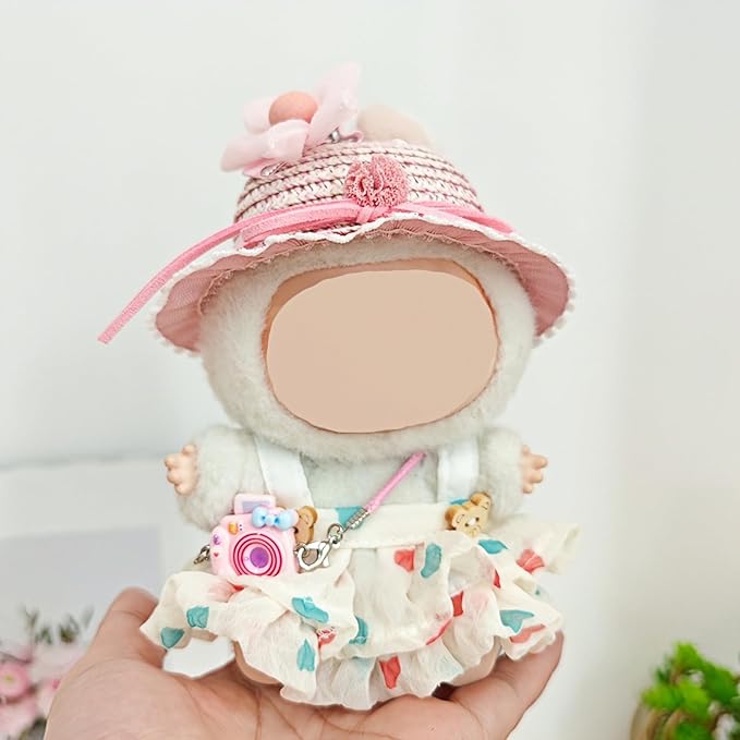 5 Set 17cm Doll Clothes, Clothes for Dolls Outfit, Accessories for 17cm Dolls Clothes Dress + Straw hat + Hairpin + Small Camera + Shoes, No Doll（Spring Pink Set）