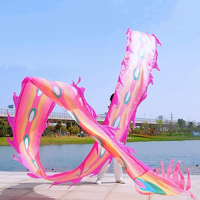Square Exercise Dance Outdoor Flinging Fitness Dragon POI Wu Long 3D Real-Like Dragon Ribbon Streamer Set (26.2ft, Pink Phoenix)