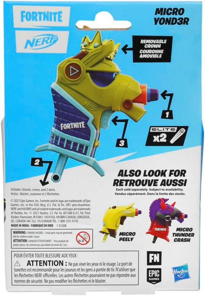 Nerf Fortnite Micro Y0nd3r Mini Dart-Firing Blaster - Fortnite Y0nd3r Outfit Design - Includes 2 Nerf Elite Darts and Removable Crown