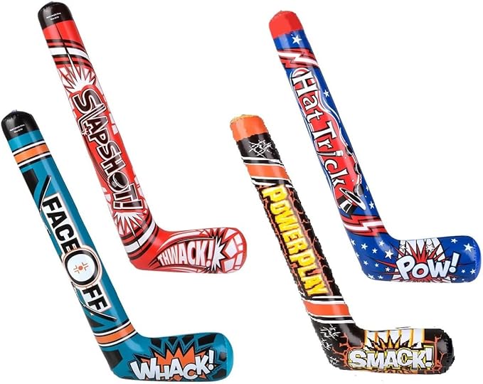 35" Inflatable Hockey Sticks (4 Designs) Splash it! Thwack! Hat Trick. Pow! Power Play Smack! Face Off! Whack! Colorful. Vinyl. Great Party Favor (8 Pack - 4 Designs)