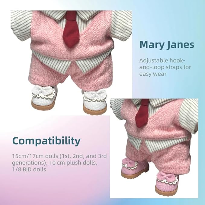 2 Pairs Lububu Doll Shoes, Mini Mary Jane Leather Shoes for 15cm 17cm Doll, Cute Doll Clothes & Outfit Accessories for 6.7 Inches Dolls (Mary Jane 2 Pair - White & Pink)