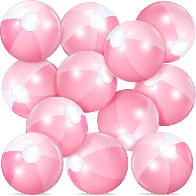 Realspring 12 Pcs Pastel Inflatable Beach Balls Kids Bulk Stripe Jumbo Big Beach Balls Pool Floating Toy for Adult Water Game Baby Shower Birthday Summer Swimming Party (Pink and White,12.5 Inch)
