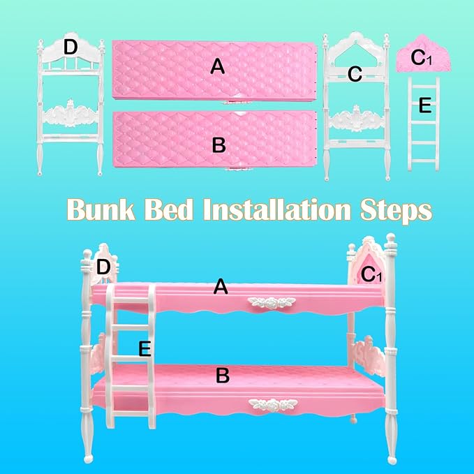 Dolls Clothes and Accessories, Bunk Bed Playset, 2 Pajamas, 2 Fashion Dresses, 2 Clothing Outfits, Bedroome Set for 11.5 inch Dolls, with 2 Blankets