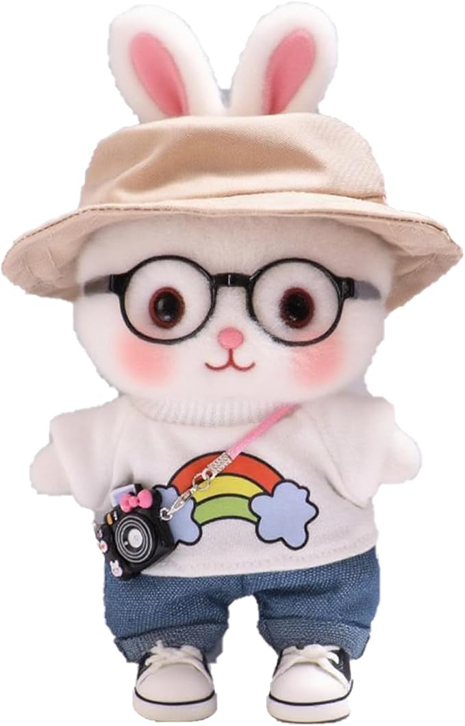 6-Piece 17cm Doll Clothes Set - Trendy Outfit with Hat, Pants, Glasses & Mini Camera, Fashion Accessories Compatible with Vinyl Face Pendant (Style F, No Doll)