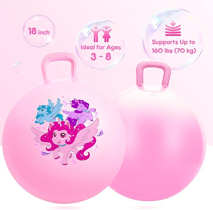 PlayZap Hopper Balls for Kids 3-8, 18 Inches Bouncy Ball with Handle, Inflatable Bouncing Hopper, Jumping Hopping Toys Hippity Hop Girls Boys Gifts, Pink