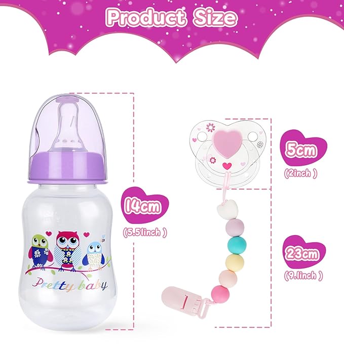 BABESIDE 3 Pcs Baby Doll Bottles Set, Baby Doll Accessories Set with Toy Feeding Bottle and Pacifier Clip Magnetic Pacifier for Realistic Babydolls