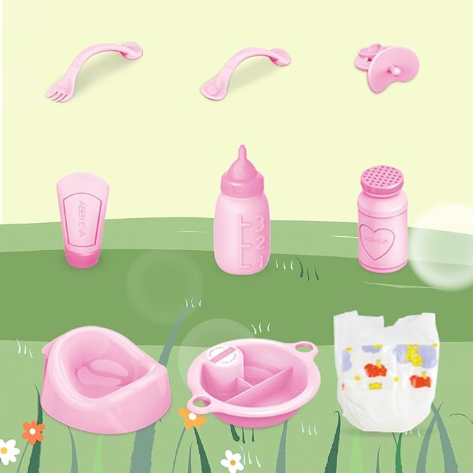 deAO Baby Doll Set Play Set Includes Miniature Crib,Mobile High Chair Stroller,12PCS Baby Doll Accessories,Great Pretend Play Gift for 3+ Years Old Kids Girls Boys S