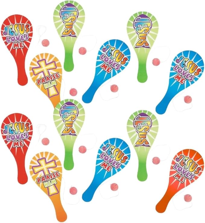 Fun Express Religious Paddleball – Faith-Inspired Toy for Kids – Church Events Group Activities or Party Favors Encourages Fun Faith-Based Play Vibrant Designs – Ideal for Gifts or Rewards – 12 Pieces