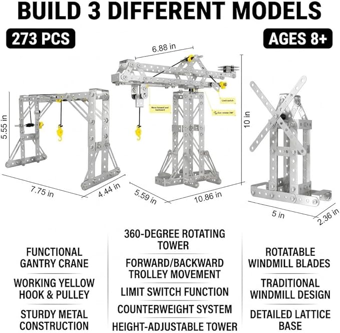 Metal Building Toys, 273pcs 3 in 1 Tower Crane & Frame Crane & Windmill Metal Model Set,Erector Sets for Boys Age 8-12,DIY Building Stem Projects Toys for Kids,Birthday Gifts for Model Crane Fan