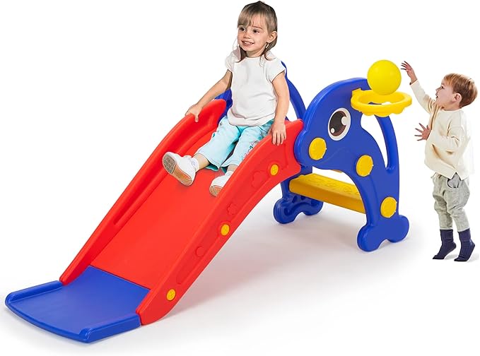 TOBBI Slide for Toddlers Ages 1-3 Indoor Outdoor w/Basketball Hoop & Ball, Baby Slide Playset for Backyard, Freestanding Slide Climber Toys for Kids, Red