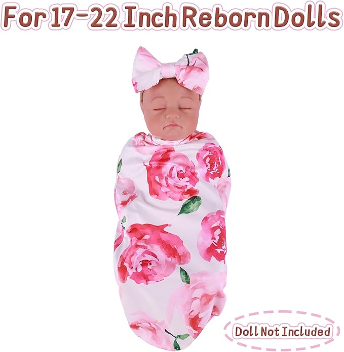 BABESIDE Reborn Baby Doll Blanket with Headband for 17-24 Inch Babydolls, Reborn Baby Doll Accessories Swaddle Blanket Set for Realistic Babydolls Girl, Pink Floral Pattern