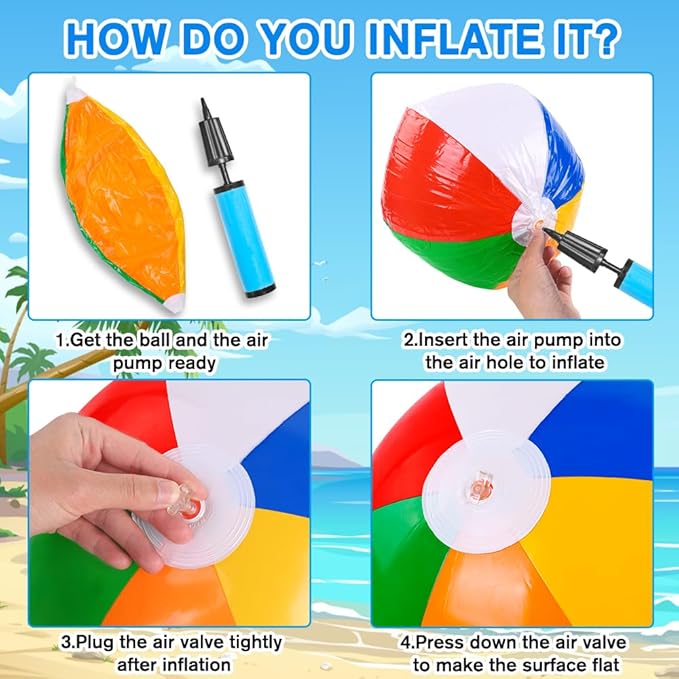4 Pack 20" Summer Inflatable Big Beach Balls Rainbow Swimming Pool Water Games Toys for Kids Summer Party Supplies Decorations