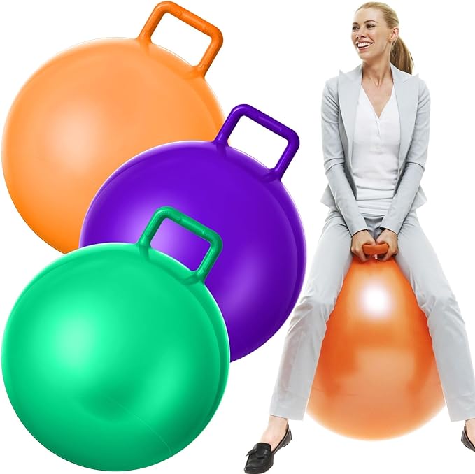 Lewtemi 3 Pcs 29 Inch Bouncing Ball with Handle, Outdoors Hopper Jumping Hopping Ball and Air Pump for Sports Exercise (Purple, Green, Orange)