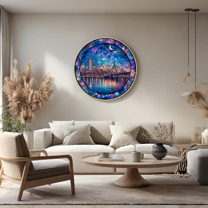 Bgraamiens 1000 Piece Jigsaw Puzzles for Adults – Stained Glass Boston Skyline – Moonlit City View with Bridge and Reflections – Artistic Nighttime Challenge Gift