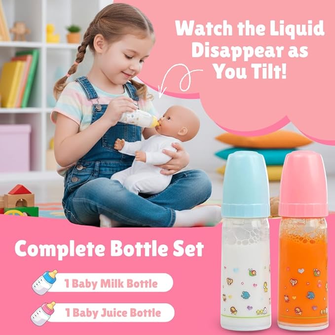 Mommy & Me Toy Magic Baby Doll Bottles with Disappearing Milk and Juice – Play Doll Feeding Set of 2