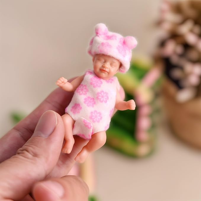 BABESIDE Mini Silicone Baby Dolls, 3 Inch Realistic Newborn Baby Dolls Full Silicone Sleeping Little Mini Real Life Baby Girl Miniature Baby with Playset Accessories(Pink)