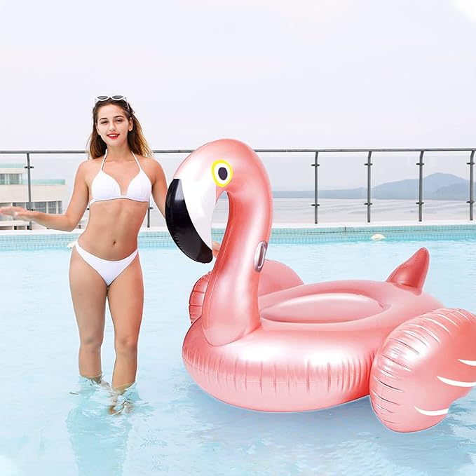 Giant Inflatable Flamingo Ride On Pool Float, Blow Up Pool Floatie with Fast Valves Swimming Floating Raft, Lounge, Summer Party Decorations Toys for Adults, Large