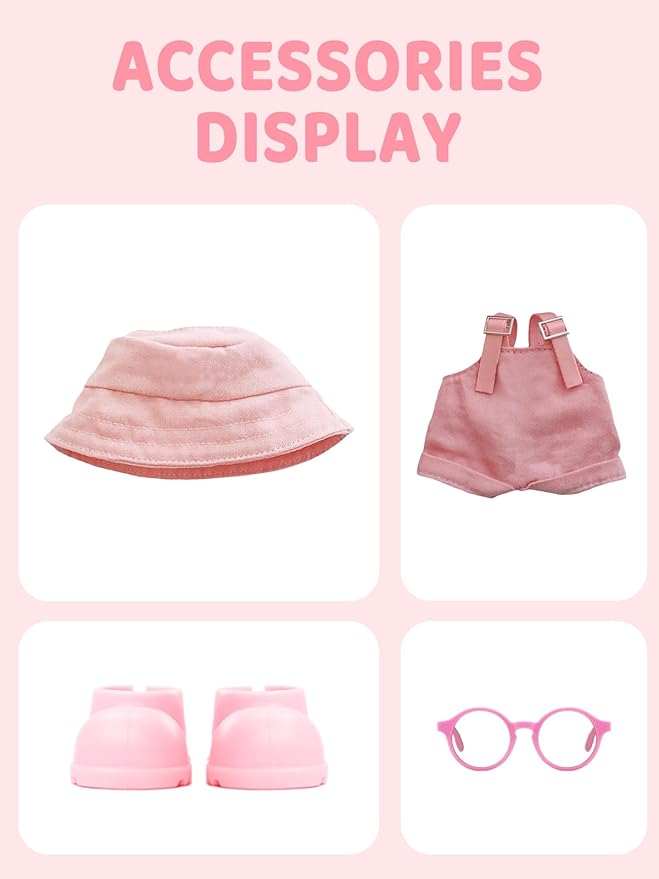 2PCS Doll Clothes Set for 17cm Dolls – Stylish Outfit with 2 Hat, 2 Overalls, 2 Shoes & 2 Glasses of Clothes Designer, Cute Clothes for Dress up Unique Style (White+Pink) (Doll Not Included)