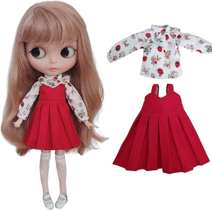 BJD Doll Clothes Cute Sundress Shirt for Blyth,Ob24,Licca,Azone BJD Doll Accessories Clothing (Red Set)