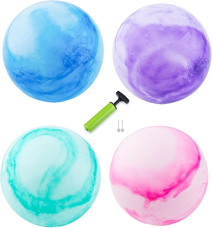 New Bounce Inflatable Bouncing Balls – Set of 4 Marbleized 8.5" Balls with Pump & 2 Pins – Sensory Play for Kids & Pets – Indoor/Outdoor Playground Toy