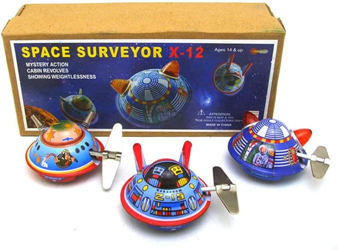 Charmgle Mini Spaceship Classic Tin Toy Wind-up Toys Clockwork Spacecraft Playthings Adult Collection Xmas Gifts Bar Home Decoration 3 Pack
