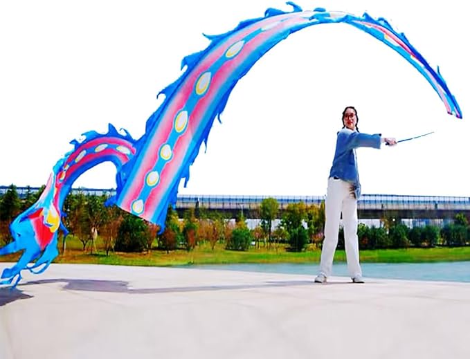 Square Exercise Dance Outdoor Flinging Fitness Dragon POI Wu Long 3D Real-Like Dragon Ribbon Streamer Set (19.6ft, Blue Phoenix)
