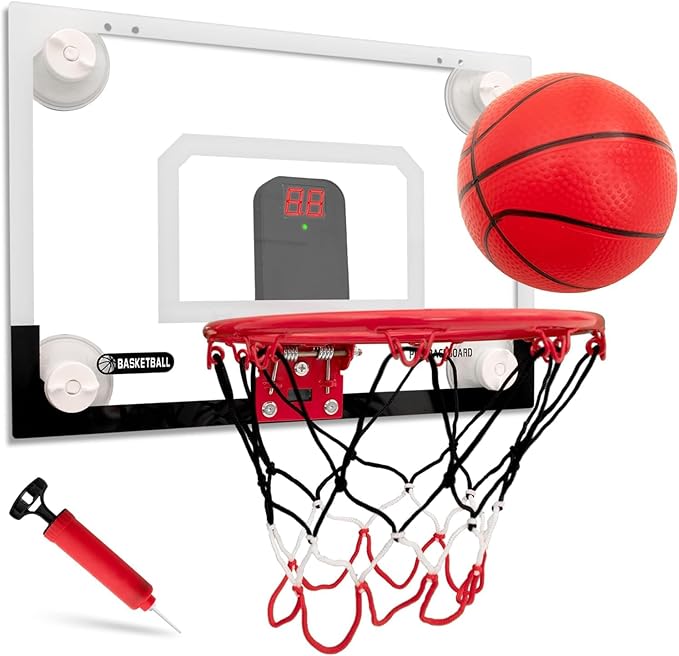 BOHEN Indoor Mini Basketball Hoops with Powerful Suction Cup, Stick to Windows, Wooden Doors, Smooth Walls - Basketball Backboard Indoor Bedroom Office for Kids Teens Adults