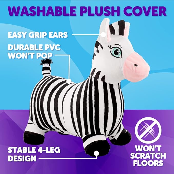 WADDLE Bouncy Hopper Inflatable Animal Hopping Plush, Indoor and Outdoor Toy for Toddlers and Kids, Pump Included, Boys and Girls Ages 2 Years and Up (Zebra)