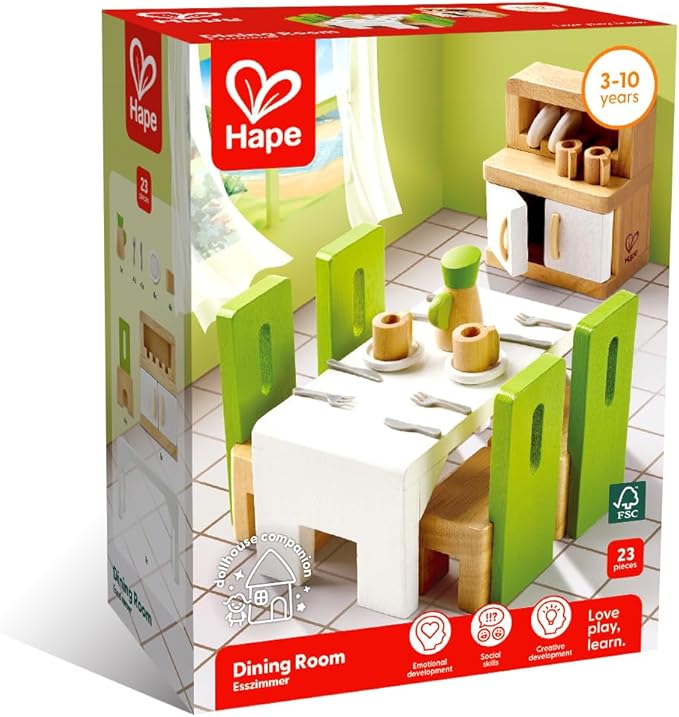 Hape Wooden Doll House Furniture Dining Room Set with Accessories| 1:12 Scales Miniature Dollhouse Furniture