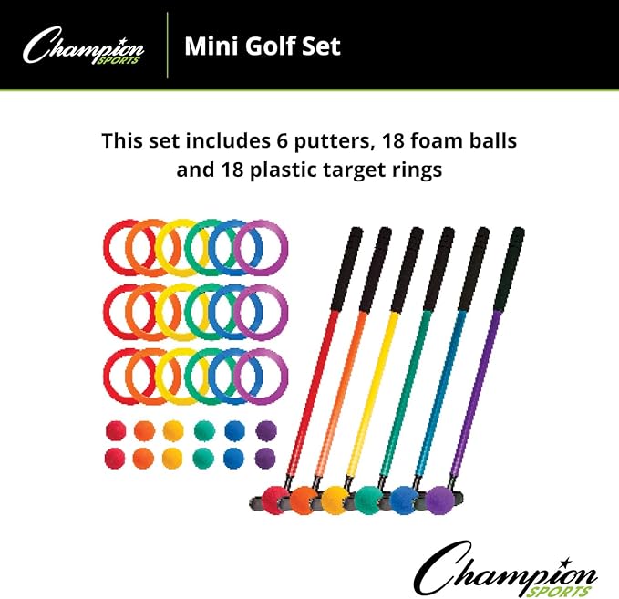 Champion Sports Mini Golf Clubs: Multi Colored Putt Putt Miniature Golfing Set for Kids - 6 Putters 18 Holes & 18 Balls