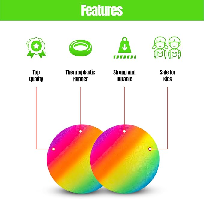New Bounce Playground Balls for Kids - Set of 2 Rainbow Colored Rubber Bouncing Kick Balls Plus Pump - Regulation Size for Dodgeball and More - Durable, Inflatable 8.5" Game Ball