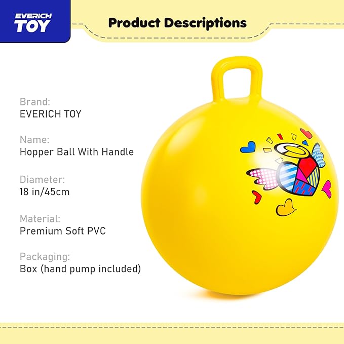 EVERICH TOY Hopper Ball for Kids, 18In Ride On Bouncy Ball with Handle, Yellow Heart Girls Toys for Indoor Outdoor Active Play Toys Easter Basket Stuffers Girls Boys Gifts for 4 5 6 7 8 Yr Old