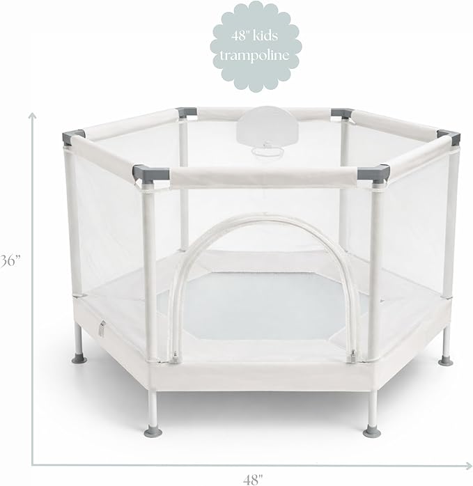Kids Trampoline, Aesthetic Indoor and Outdoor Toddler Trampoline with Safety Net, Basketball Hoop, 220lb Capacity, Ultra Safe No-Gap Design, Gifts for Boys & Girls